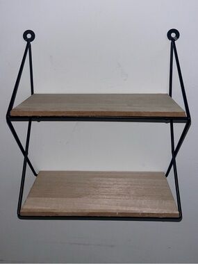 Minimalist Black Metal and MDF Wood Wall Shelf - Double Tier